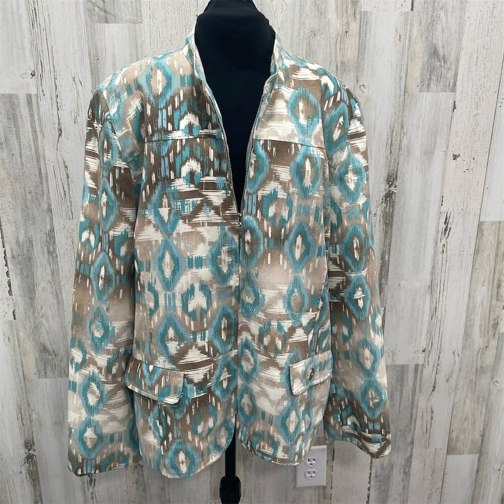 Alfred Dunner Womens Jacket Size 18 Zip Teal Geometric Front Pockets sku629